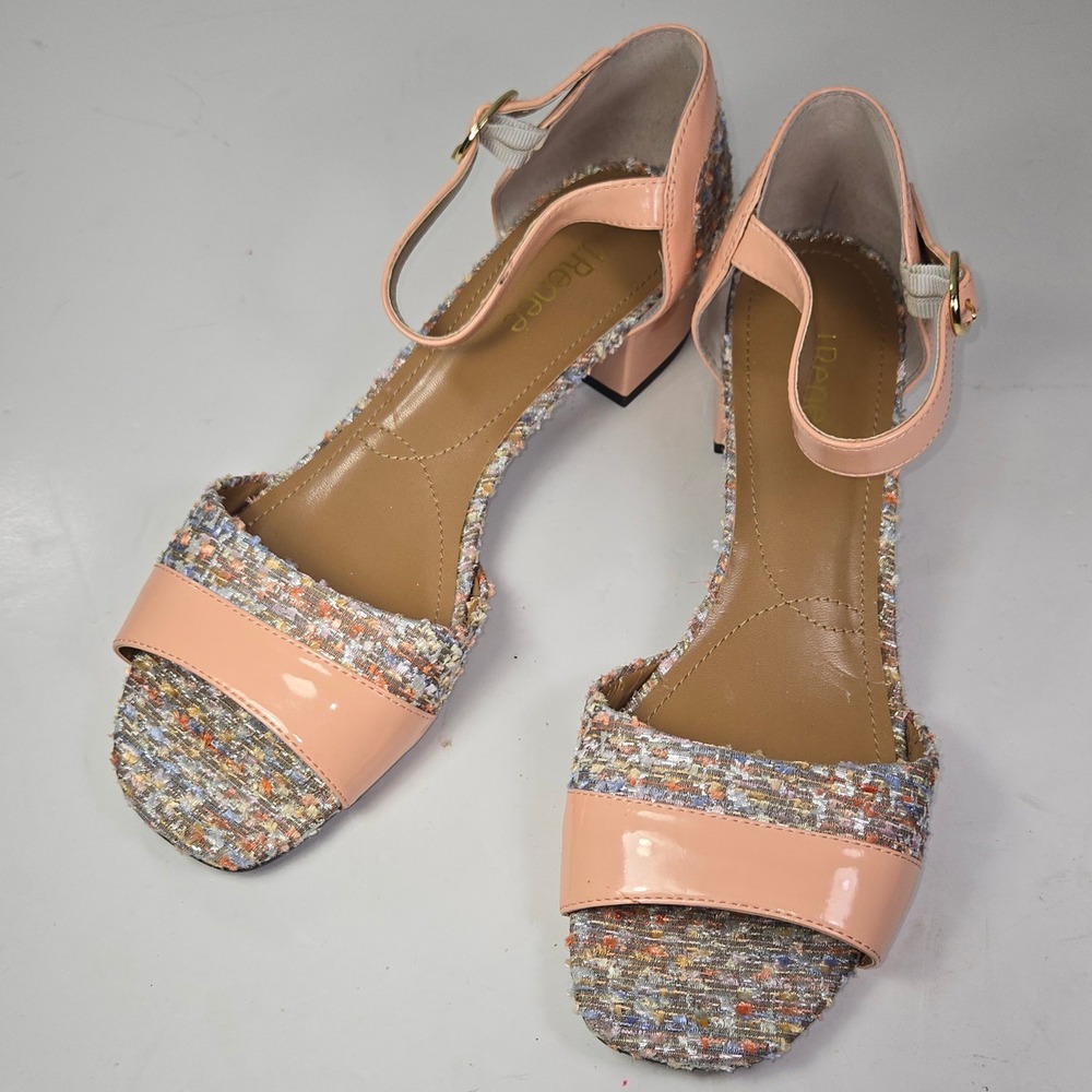 J Renee Pebblebeach Peach Patent Tweed Block Heel Sandals womens 11M